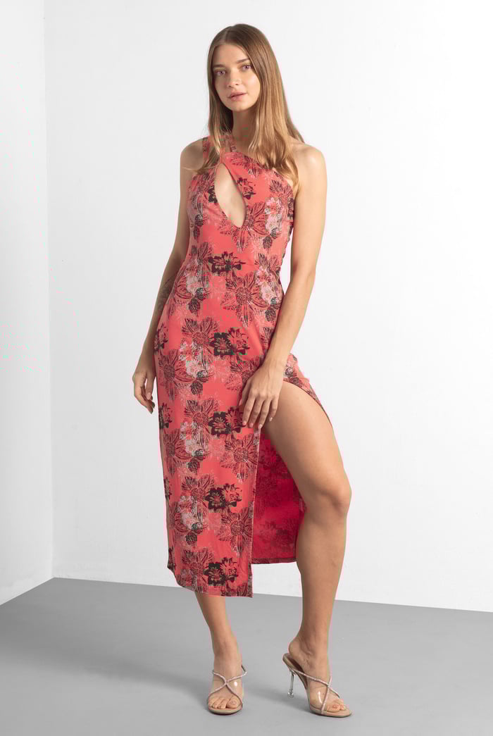 One Shoulder Floral Printed Maxi Dress