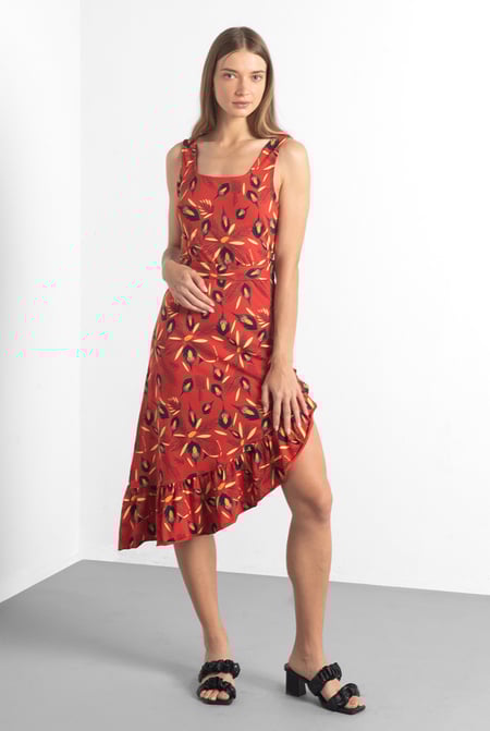 Orange Square-Neck Ruffle Wrap Botanical Print Dress
