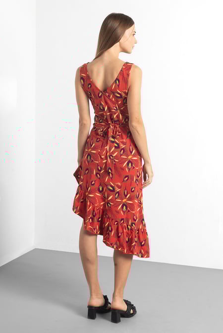 Red Square-Neck Ruffle Wrap Botanical Print Dress