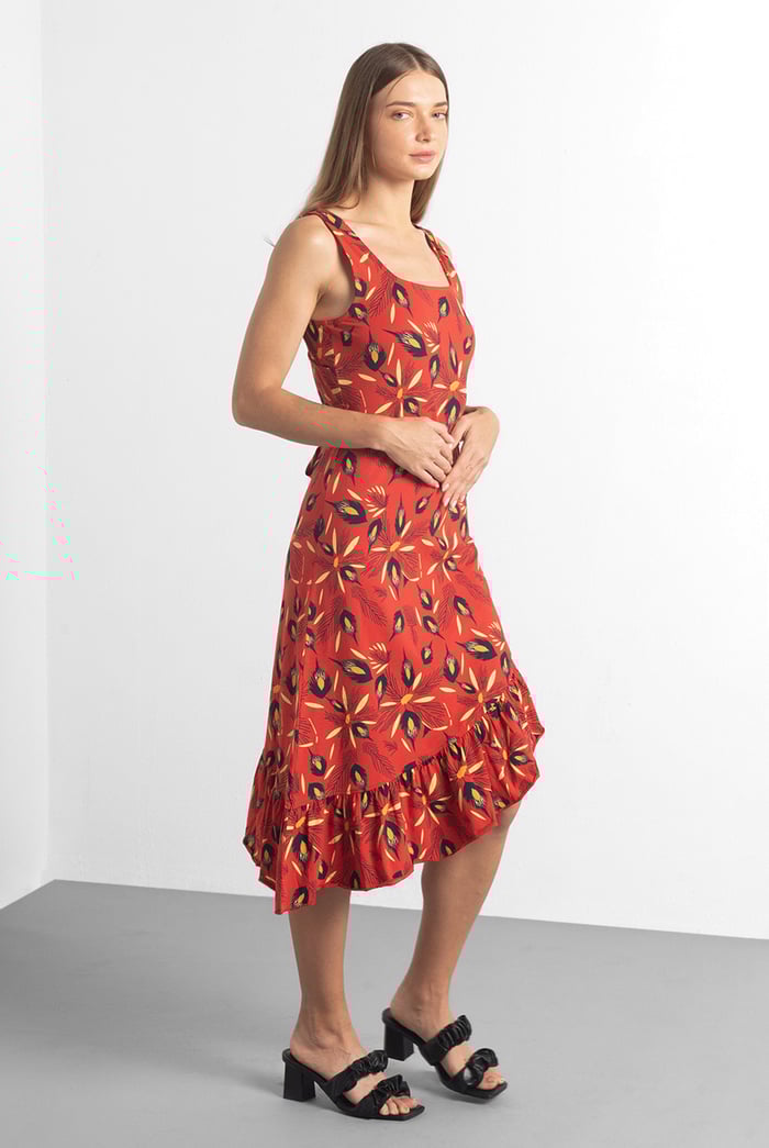 Square-Neck Ruffle Wrap Botanical Print Dress
