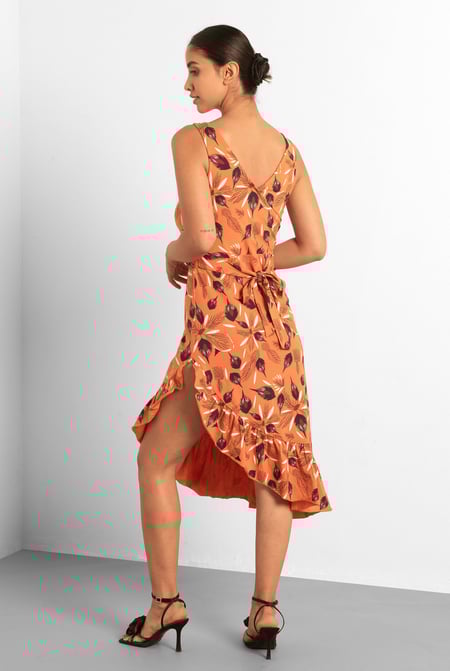 Orange Square-Neck Ruffle Wrap Botanical Print Dress