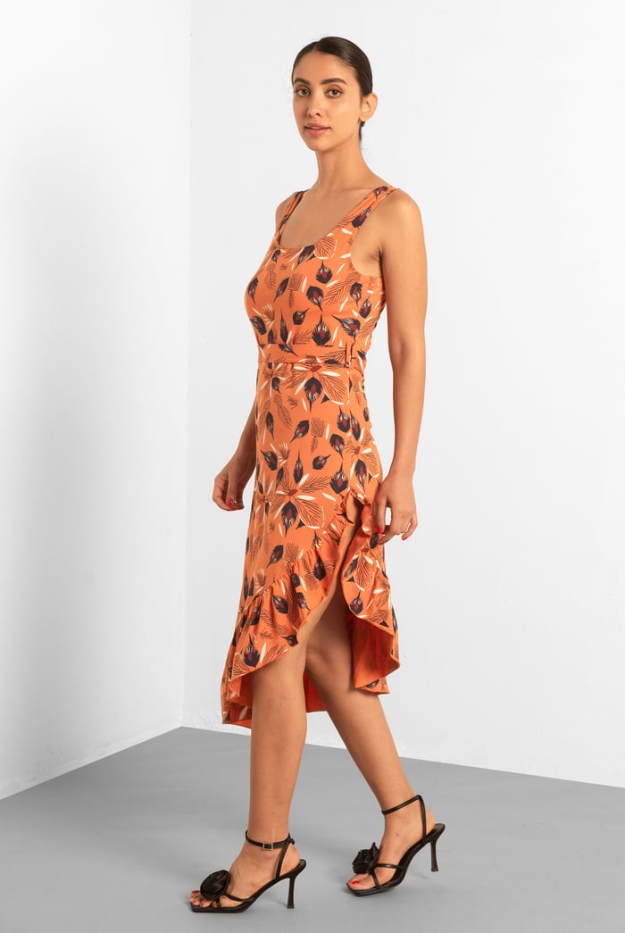 Square-Neck Ruffle Wrap Botanical Print Dress