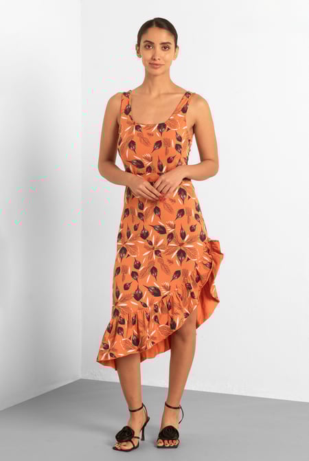 Orange Square-Neck Ruffle Wrap Botanical Print Dress