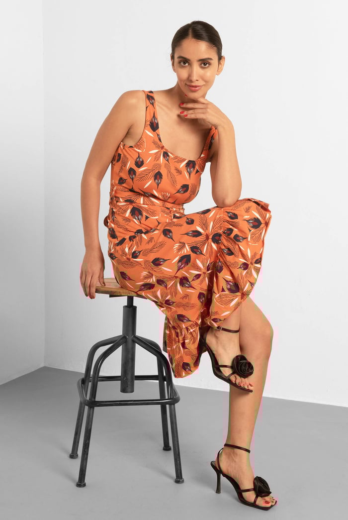 Square-Neck Ruffle Wrap Botanical Print Dress