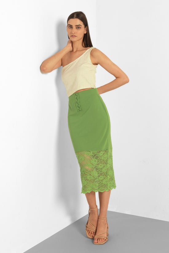 Lace Tiered Button Detail Midi Skirt