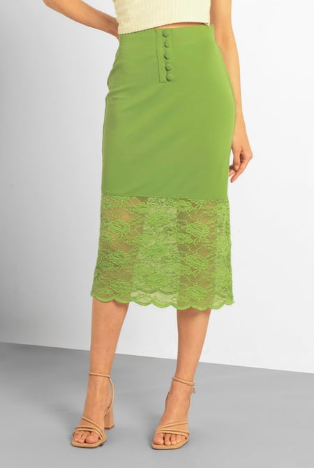 Green Lace Tiered Button Detail Midi Skirt