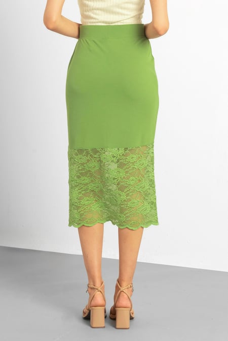 Green Lace Tiered Button Detail Midi Skirt