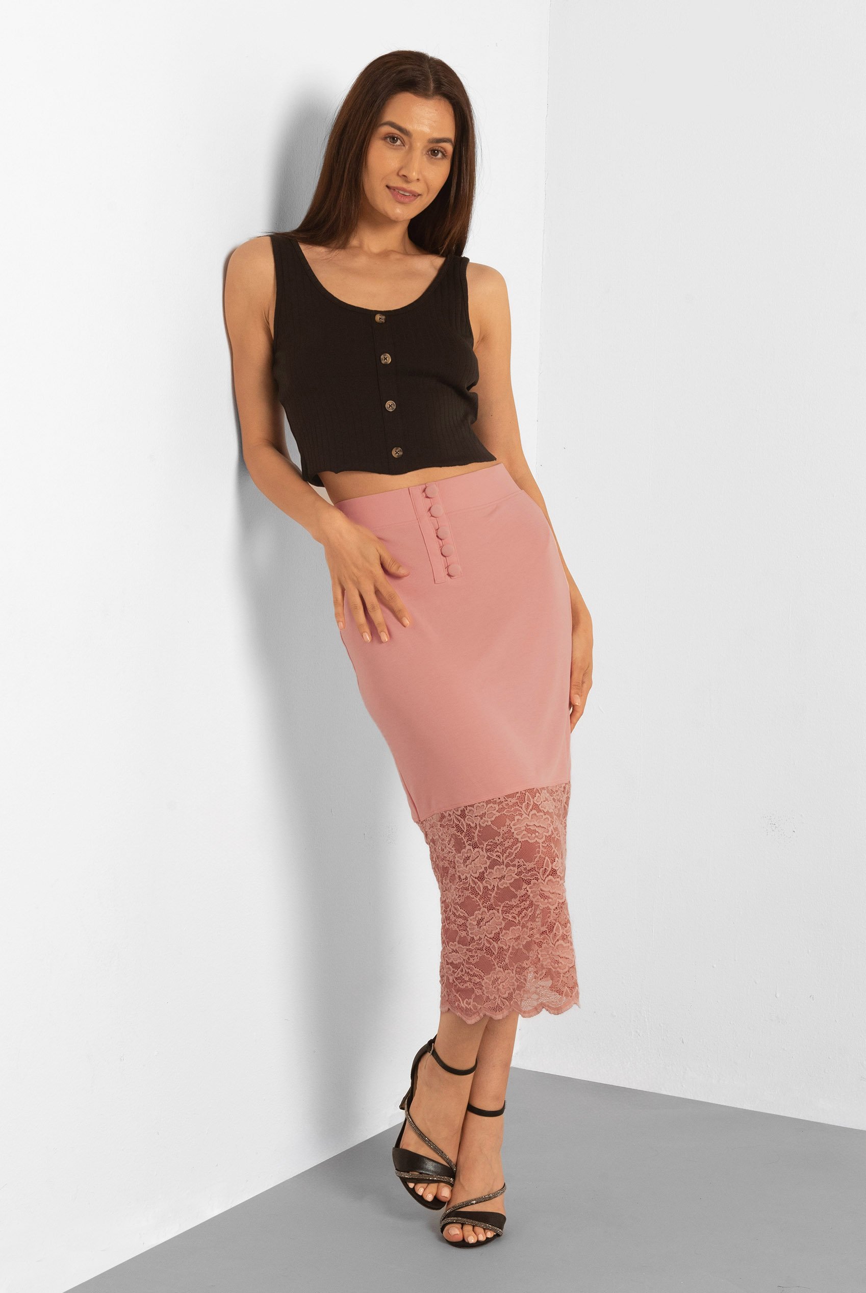 Lace Tiered Button Detail Midi Skirt