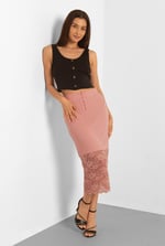Lace Tiered Button Detail Midi Skirt