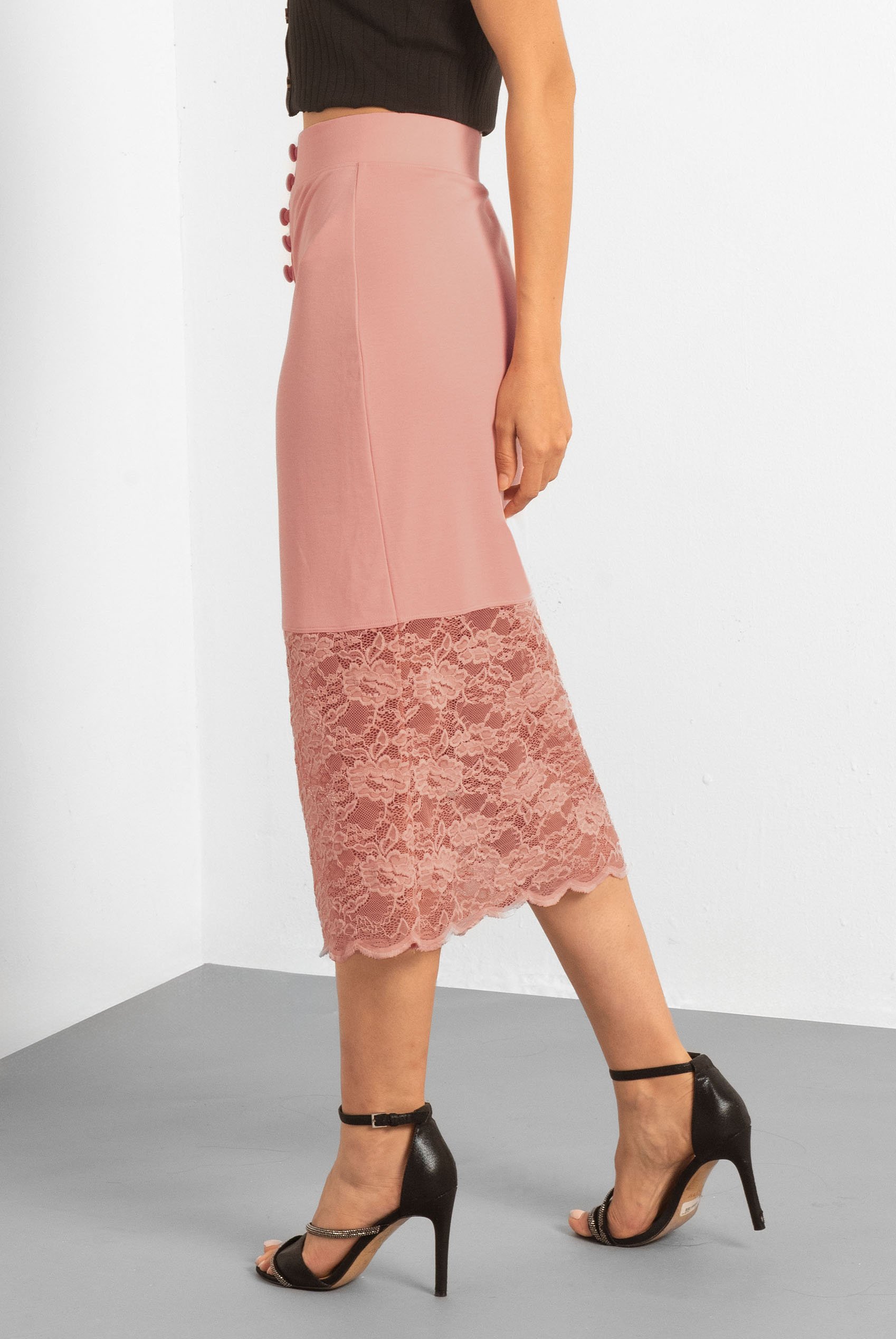 Lace Tiered Button Detail Midi Skirt