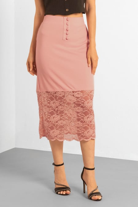 Green Lace Tiered Button Detail Midi Skirt