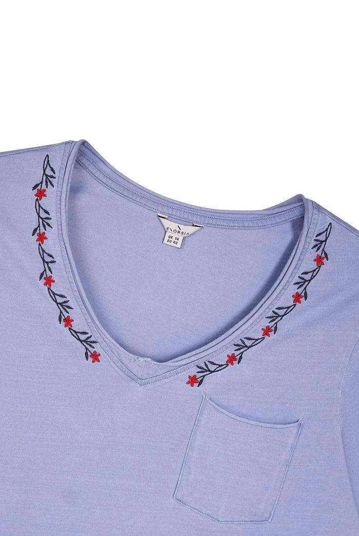 Indigo Washed Embroidered V-Neck T-shirt