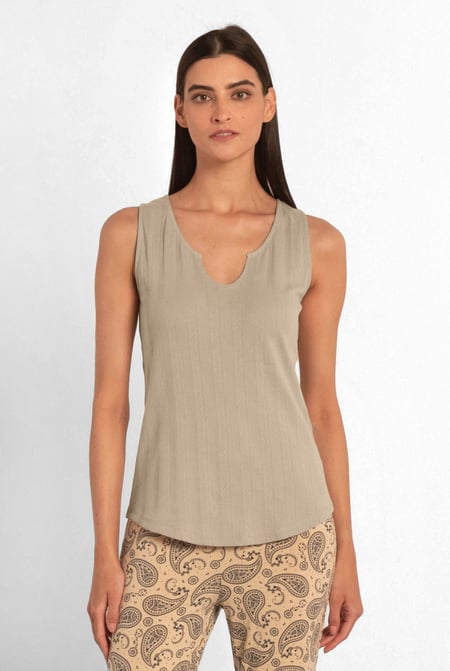 Khaki Textured Sleeveless V-neck Tank Top