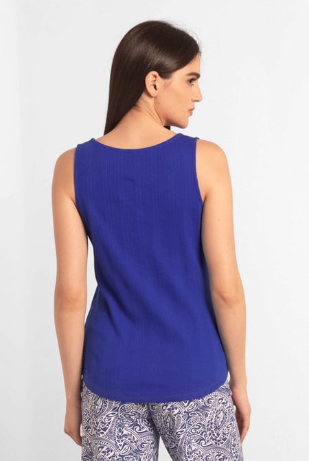 Blue Textured Sleeveless V-neck Tank Top