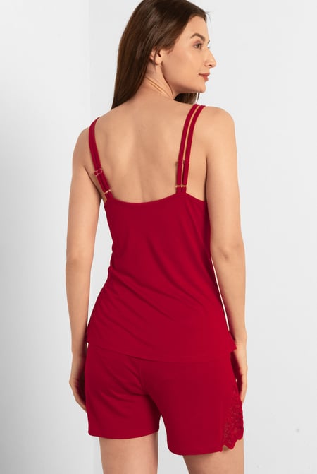 Red Shoulder Straps Lace Up Cami Set