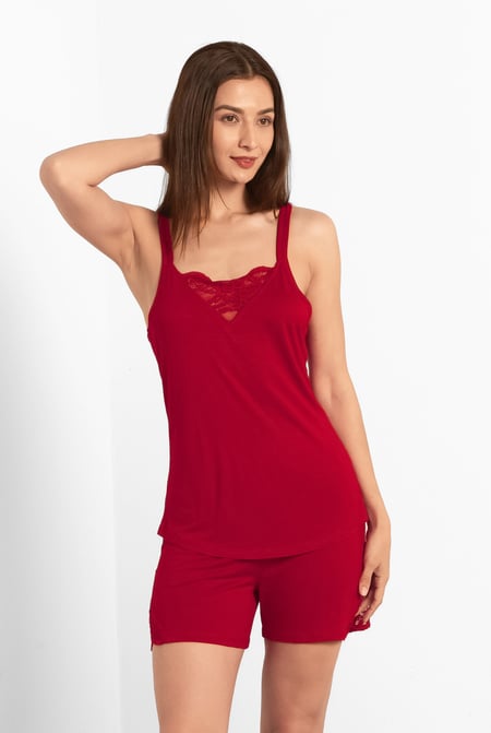 Red Shoulder Straps Lace Up Cami Set