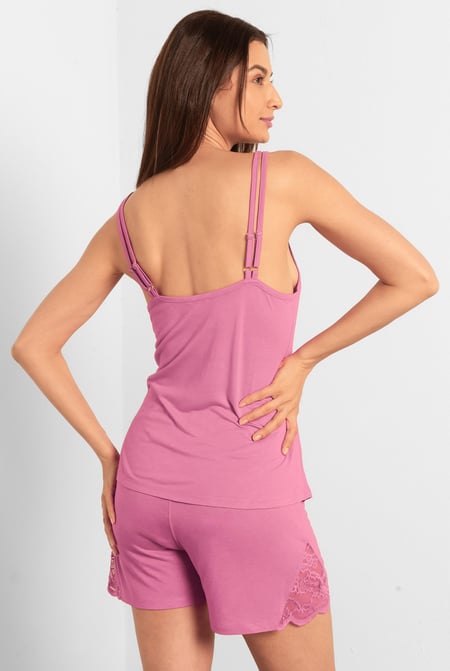 Pink Shoulder Straps Lace Up Cami Set