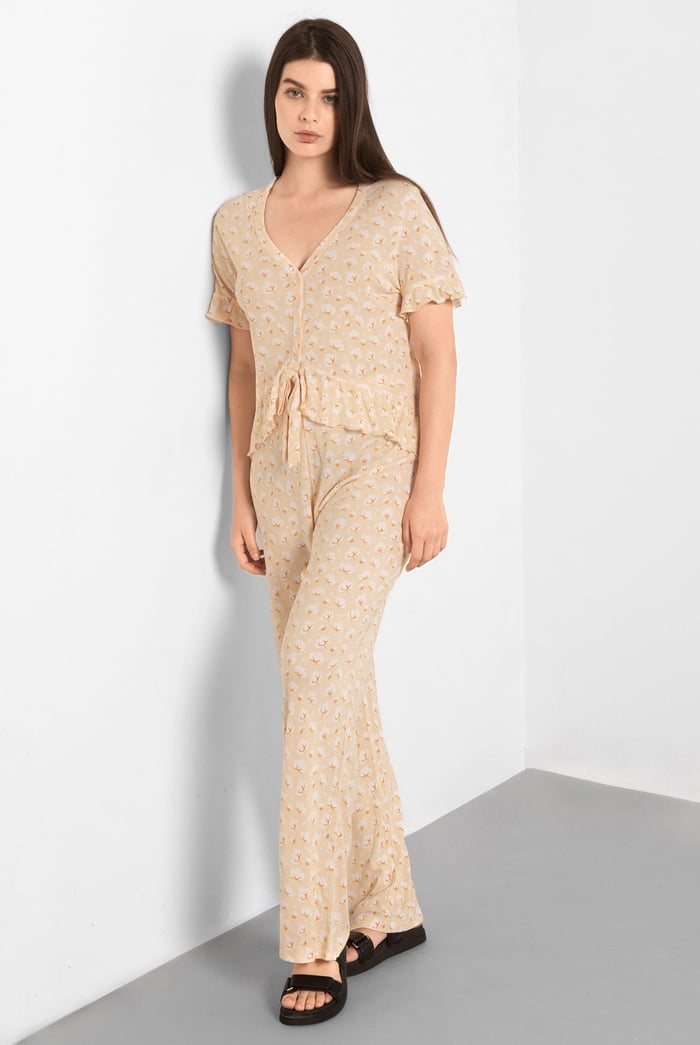 Short Ruffle Sleeve Cotton Printed Pyjamas Set