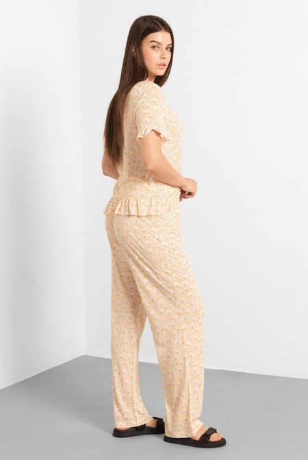 Cream Short Ruffle Sleeve Cotton Printed Pyjamas Set