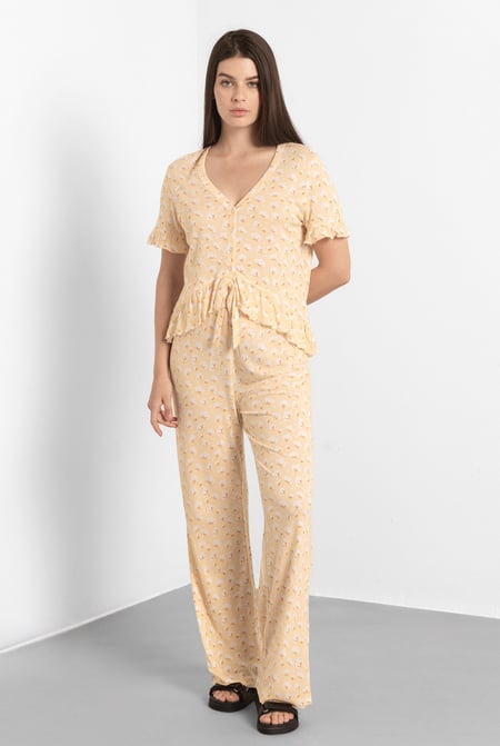 Cream Short Ruffle Sleeve Cotton Printed Pyjamas Set