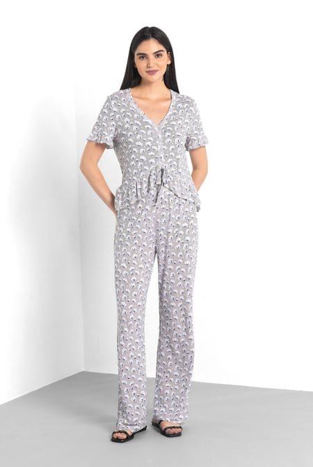 Cream Short Ruffle Sleeve Cotton Printed Pyjamas Set