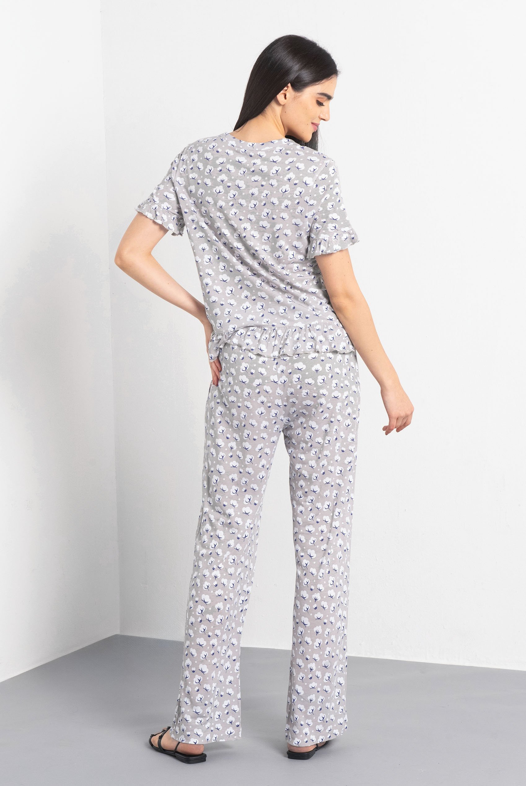 Short Ruffle Sleeve Cotton Printed Pyjamas Set