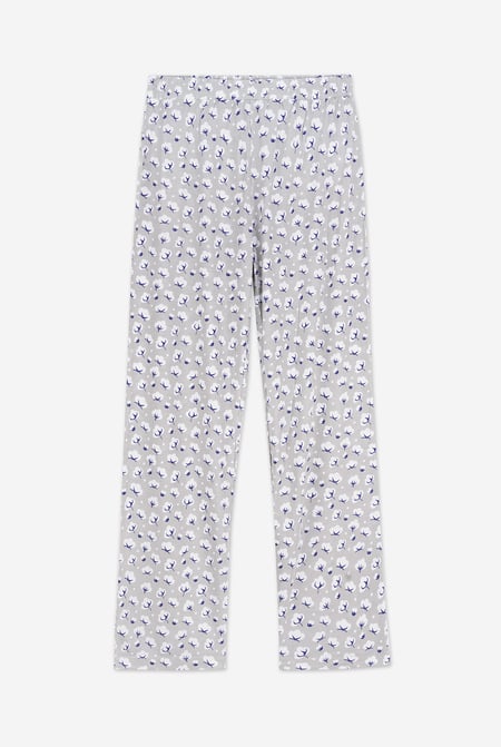 Grey Short Ruffle Sleeve Cotton Printed Pyjamas Set