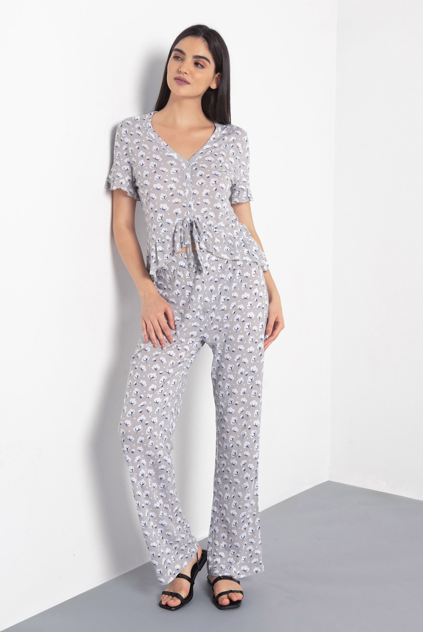 Short Ruffle Sleeve Cotton Printed Pyjamas Set