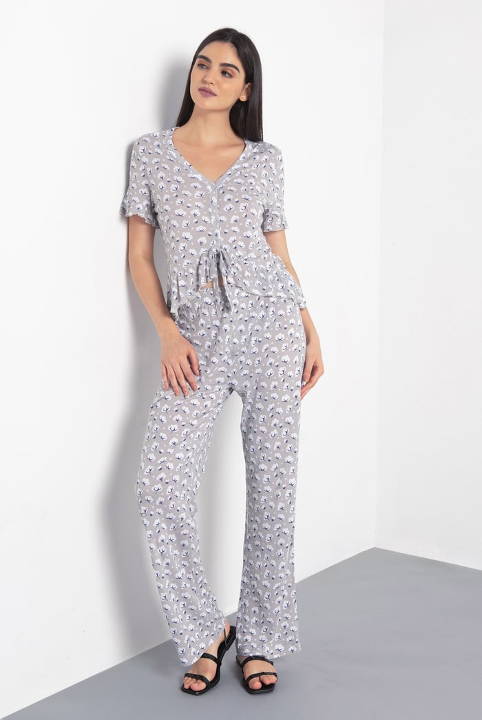 Short Ruffle Sleeve Cotton Printed Pyjamas Set