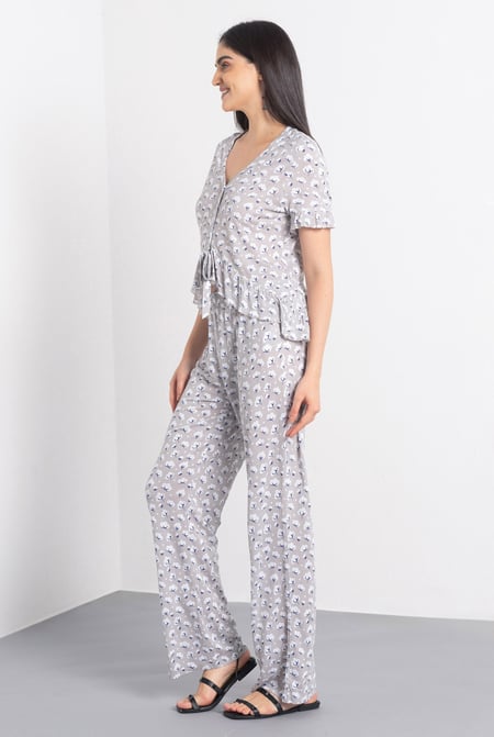 Grey Short Ruffle Sleeve Cotton Printed Pyjamas Set