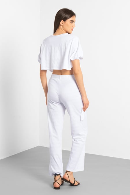 White Wide Trouser And Crop Blouson Sleeve Top Set