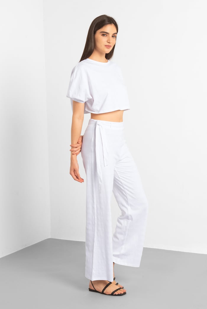 Wide Trouser And Crop Blouson Sleeve Top Set