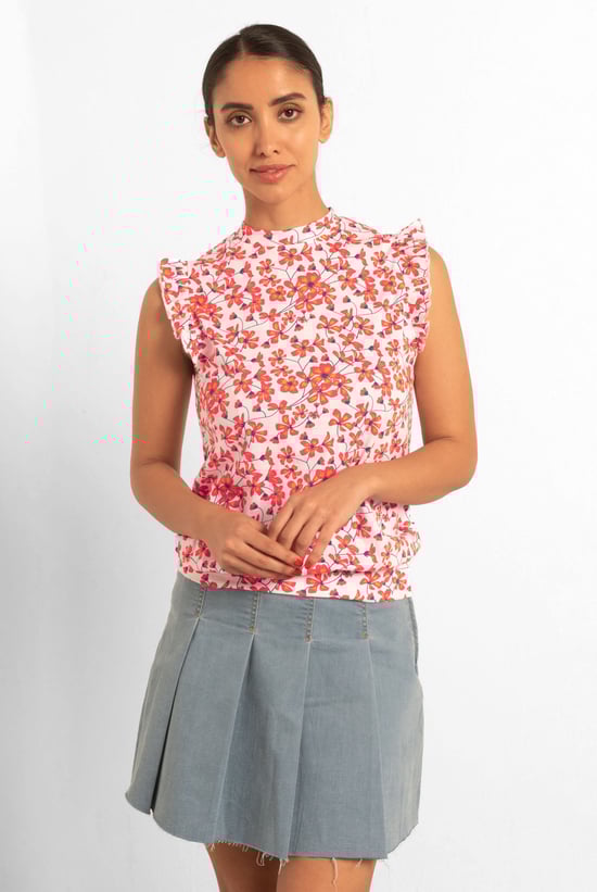 Floral Printed Smocked Hem Frill Top