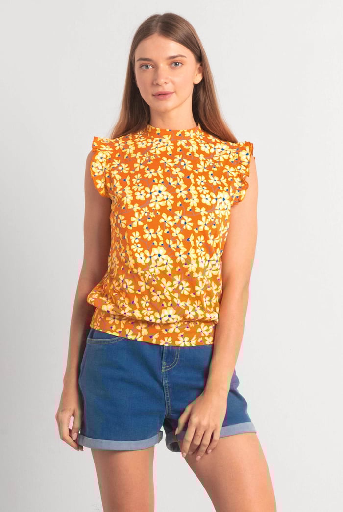 Floral Printed Smocked Hem Frill Top