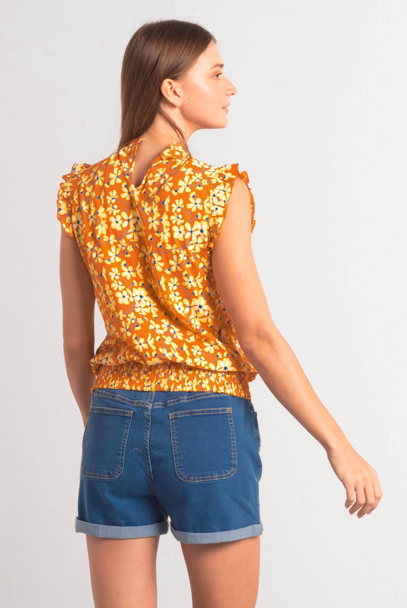 Floral Printed Smocked Hem Frill Top