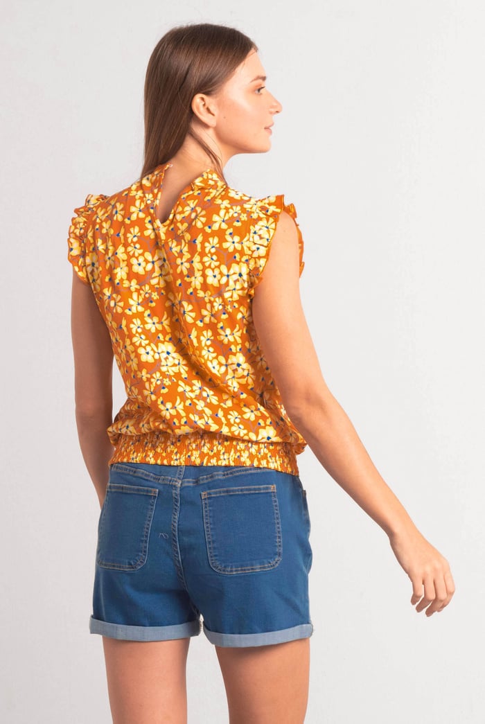 Floral Printed Smocked Hem Frill Top