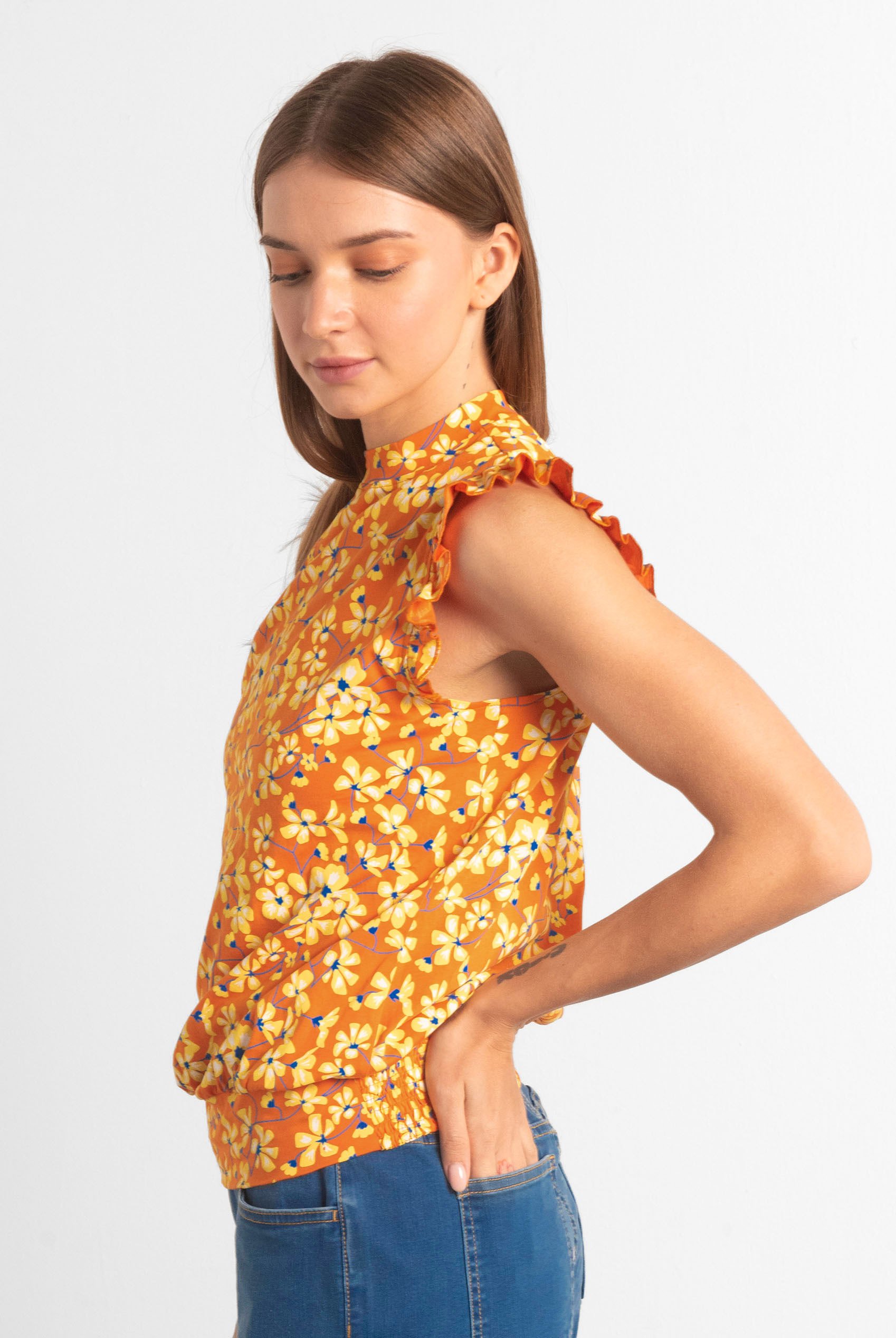 Floral Printed Smocked Hem Frill Top