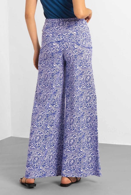 Womens Blue Paisley Printed Wide Leg Trouser