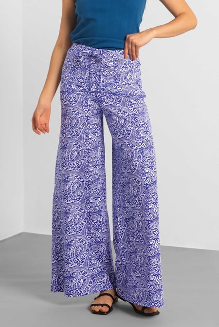 Womens Blue Paisley Printed Wide Leg Trouser