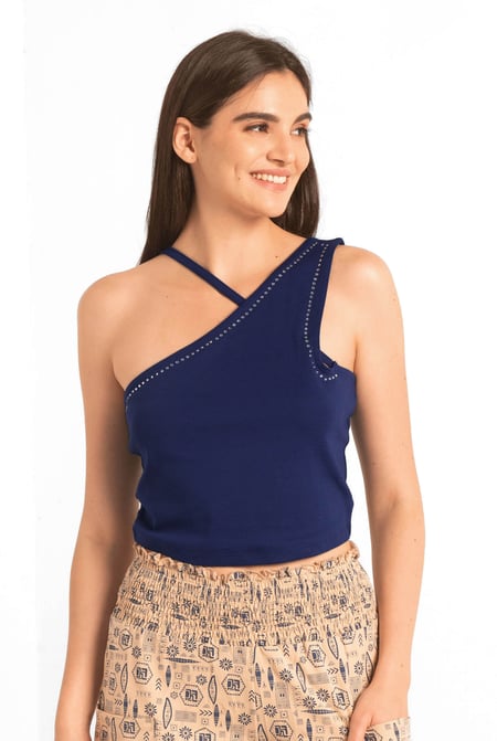 Cream Solid ​Knitted Asymmetrical Tank Top