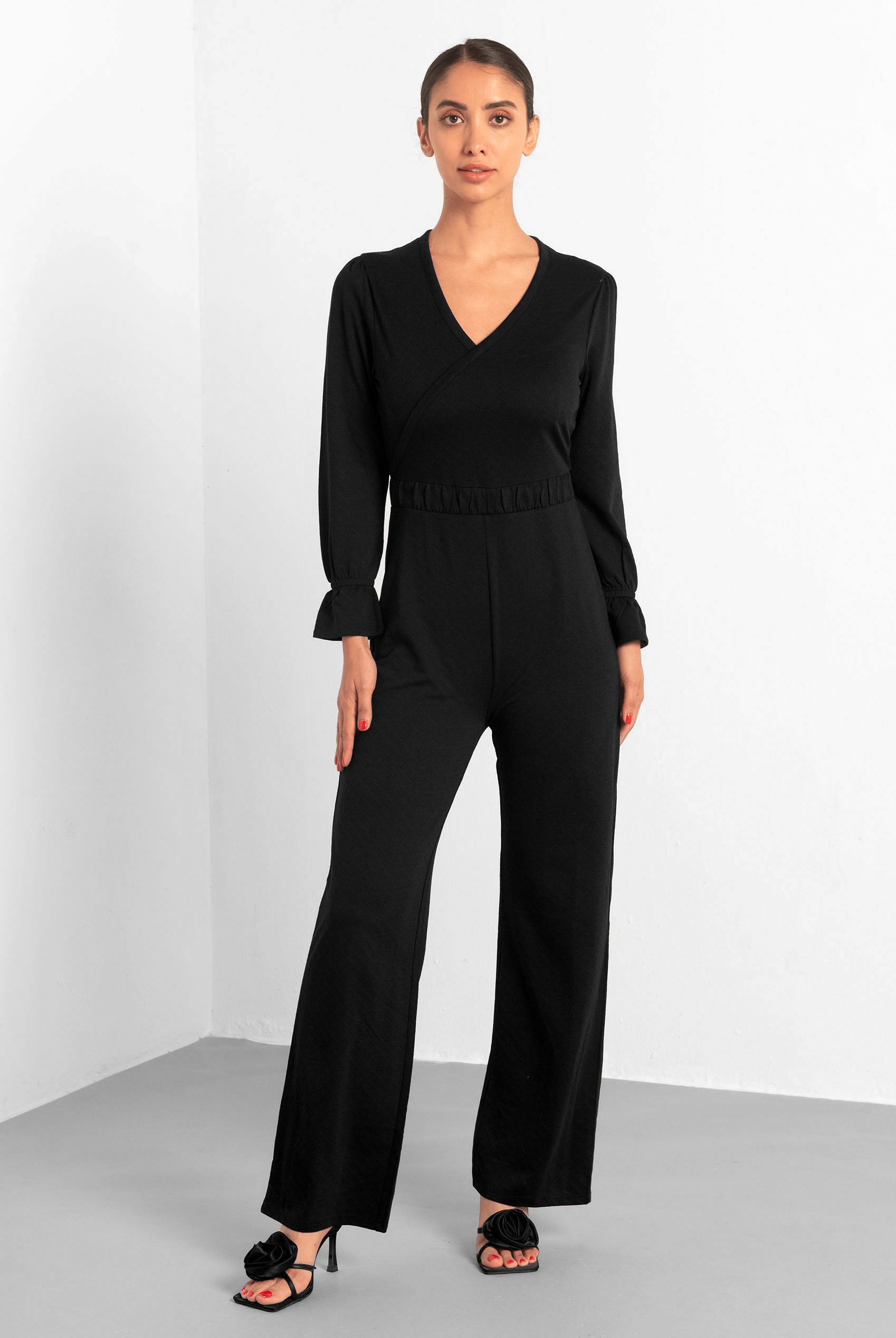 Women Long Sleeve Wrap Jumpsuit