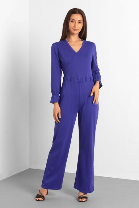 Women Black Long Sleeve Wrap Jumpsuit
