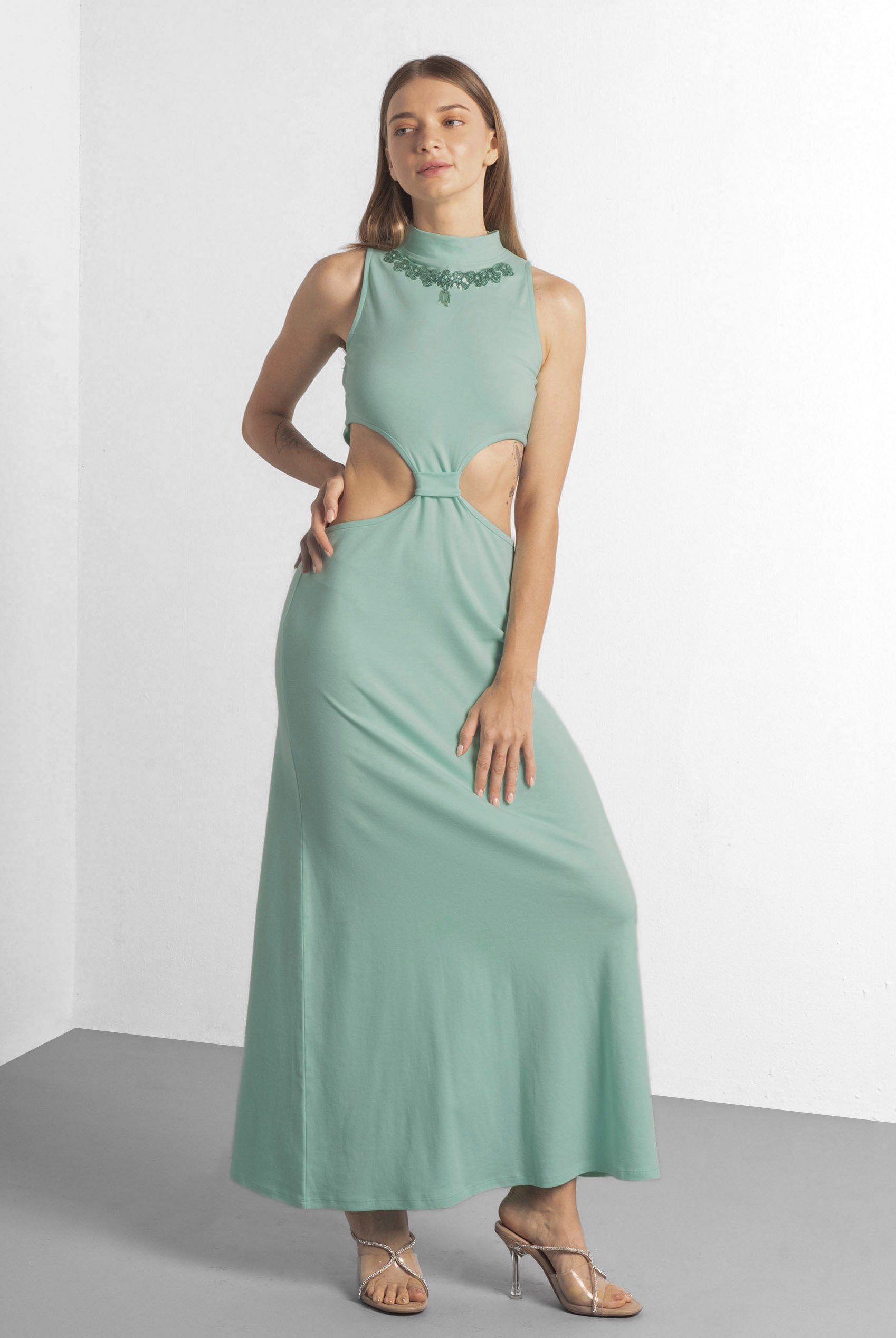 Sequin Embroidered Cut Out Waist Maxi Dress