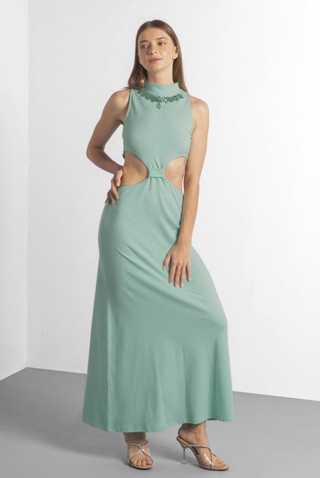 Yellow Sequin Embroidered Cut Out Waist Maxi Dress