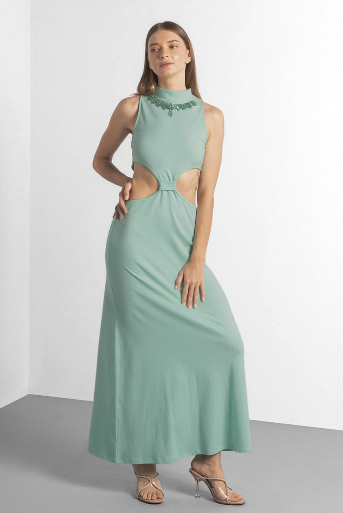 Sequin Embroidered Cut Out Waist Maxi Dress
