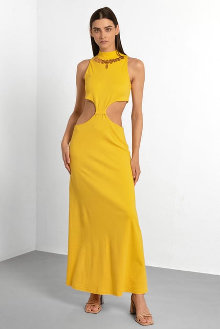 Yellow Sequin Embroidered Cut Out Waist Maxi Dress