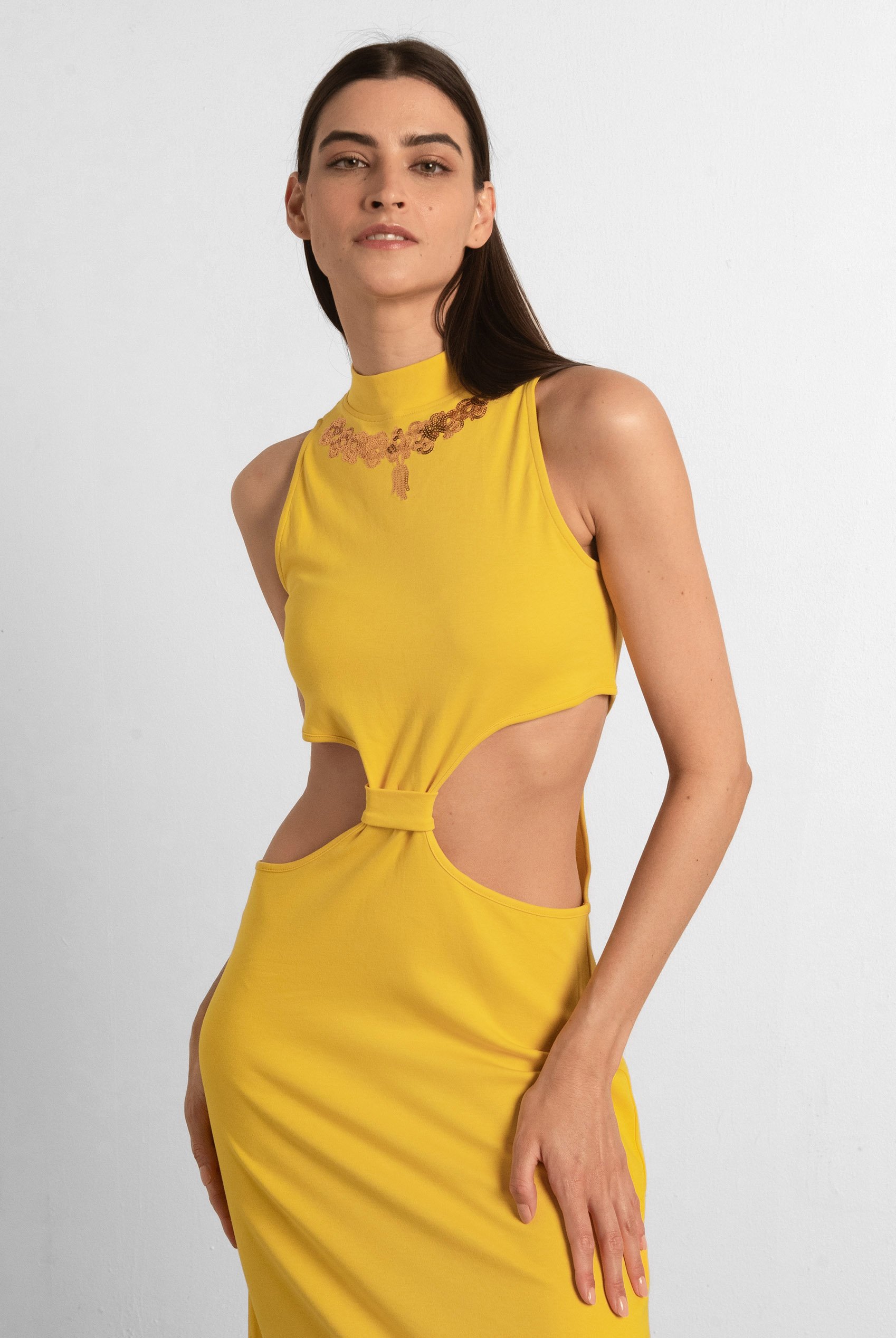 Sequin Embroidered Cut Out Waist Maxi Dress