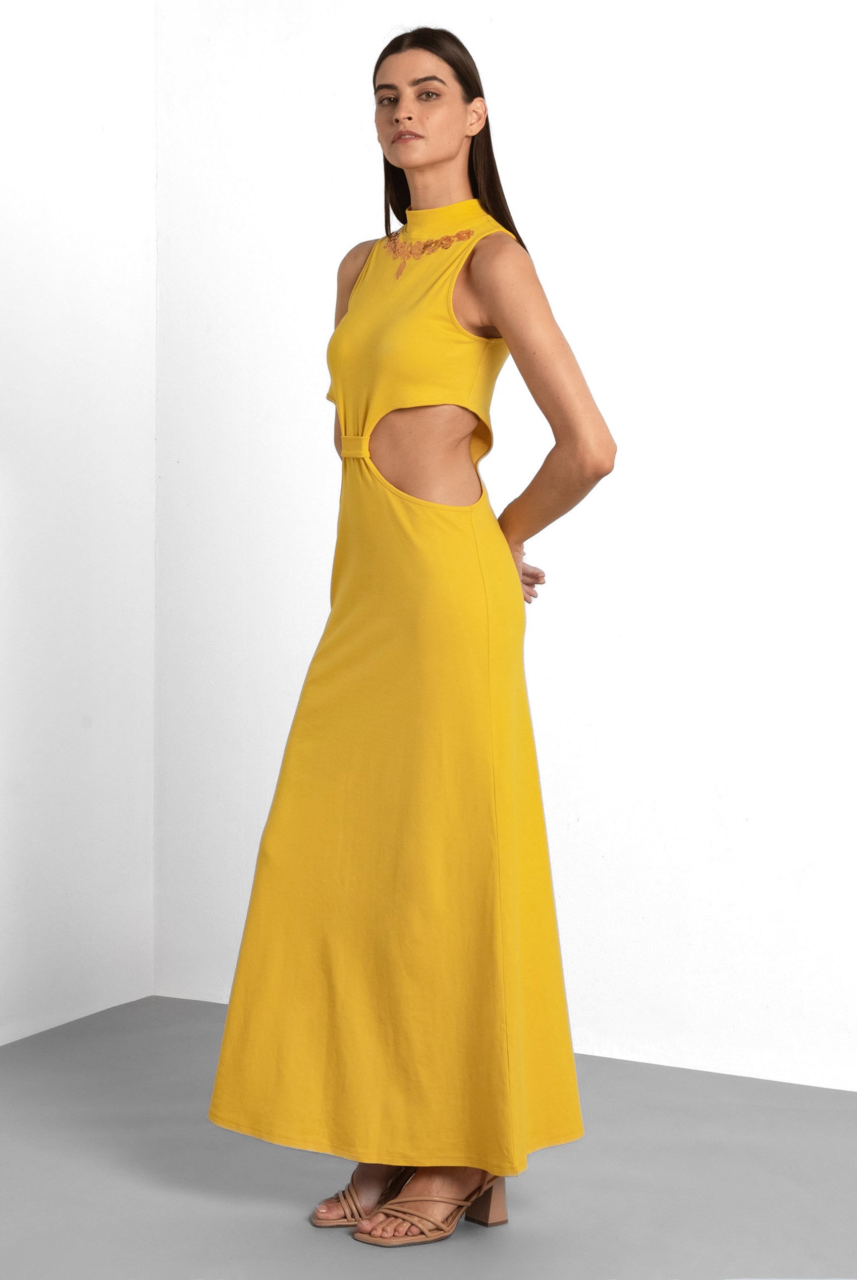 Sequin Embroidered Cut Out Waist Maxi Dress