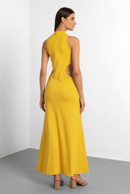 Yellow Sequin Embroidered Cut Out Waist Maxi Dress