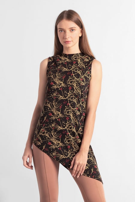 Black Asymmetric Hem Sleeveless Printed Top